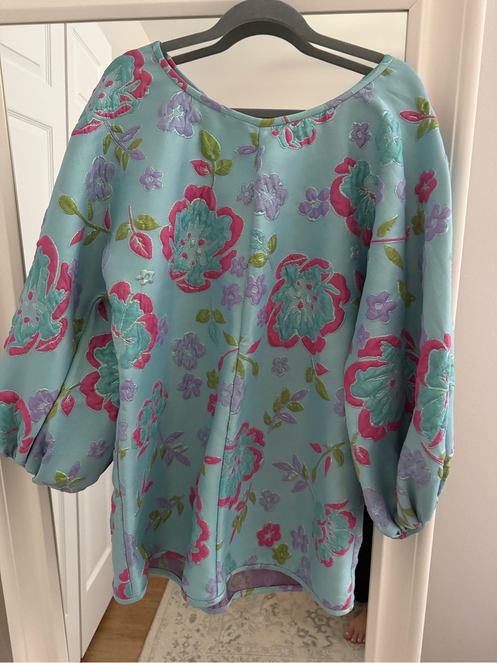 Arianne Teal Tunic with Pink and Lavender Floral Embroidery